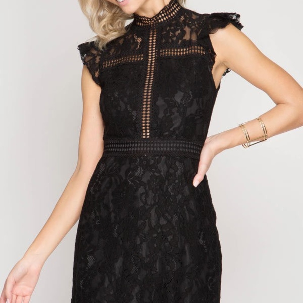 Black Floral Lace Ruffled Sleeve Floral Dress - Picture 5 of 8